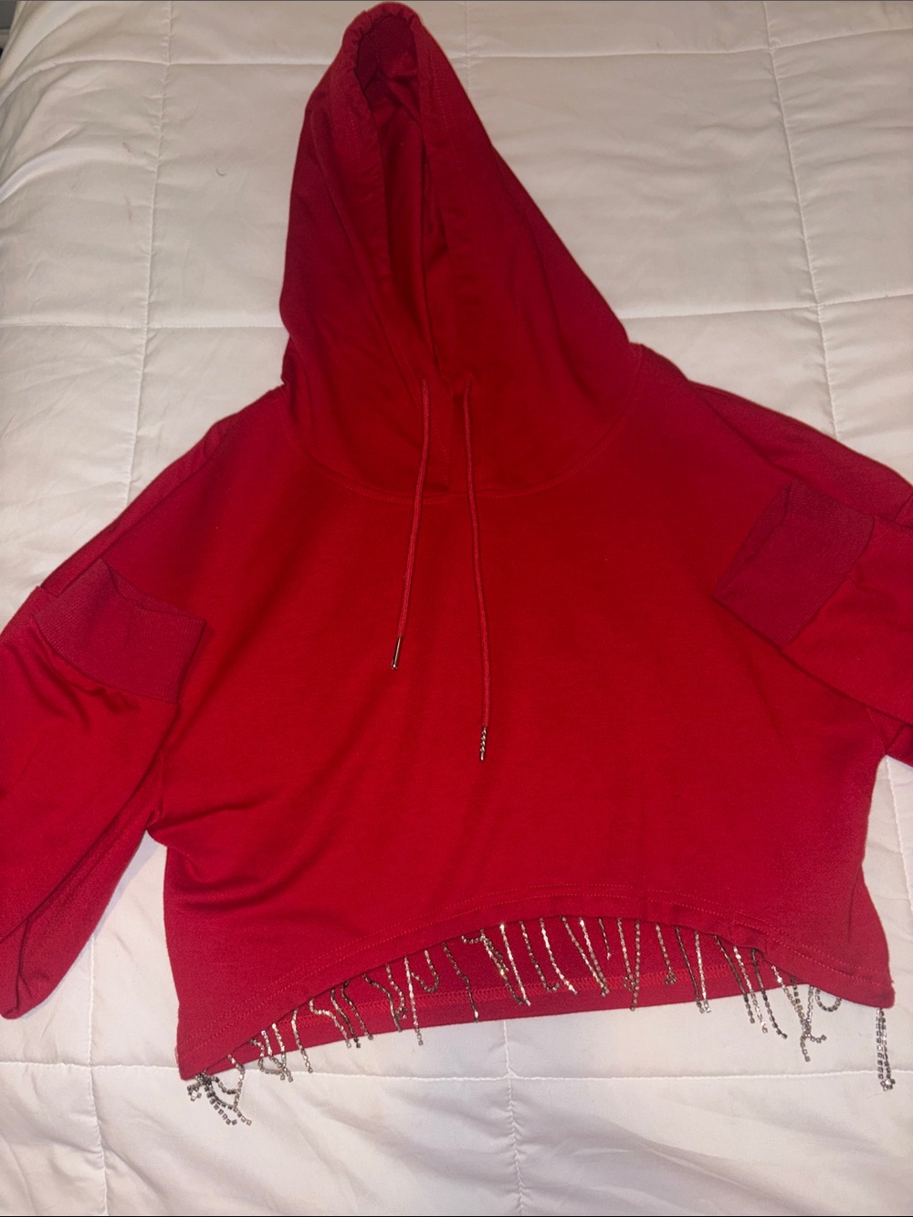 Red Cropped Hoodie with Beaded Fringe